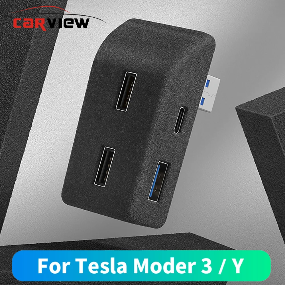 

CARVIEW For Tesla Model 3 Y Glove Box Docking Station Quick Charger 4 USB Shunt Hub Flocking Adapter Powered Splitter Extension