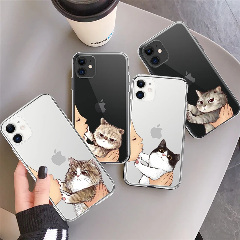 

Cute Cat Phone Case For iPhone 13 12 11 Pro Max X XR XS Max 7 8 6 6s Plus 12 13 Mini 5 5S SE2020 Soft TPU Transparent Back Cover
