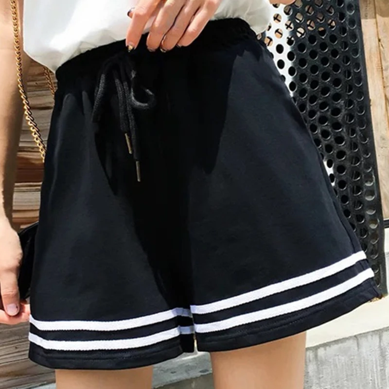 

Summer Fitness Shorts Women Lace Up Girls Korean Style Sweet Students Shorts Harajuku Simple Stripe Female Shorts