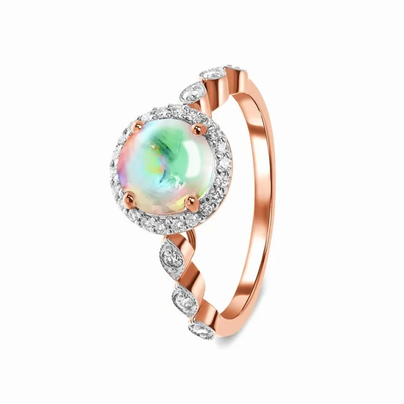 

European and American retro S925 round moonstone rose gold wave ring female minority design feeling simple