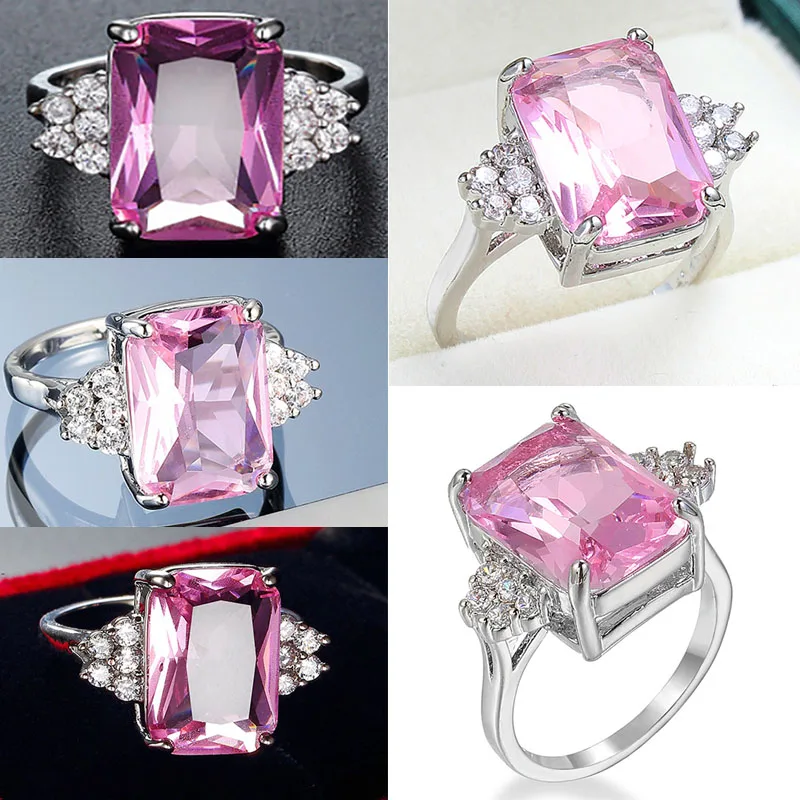 

Exquisite Ladies Wedding Engagement with Pink Cubic Zircon Crystal Rhinestone Women's Silver Color Ring for Wedding Jewelry