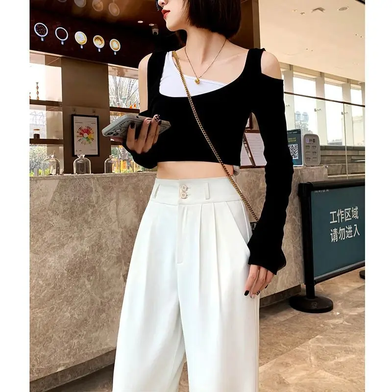 

White Wide-leg Pants Women's High Waist Sagging 2022 Summer New Loose Straight Casual Casual Meat-covering Mopping Suit Pants