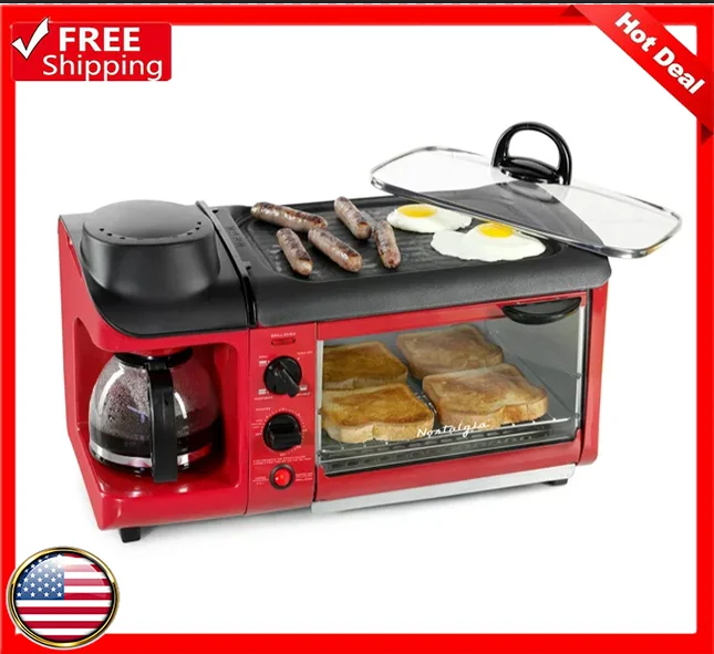 

Retro 3-in-1 Family Size Electric Breakfast Station, Coffeemaker, Griddle, Toaster Oven - Retro Red