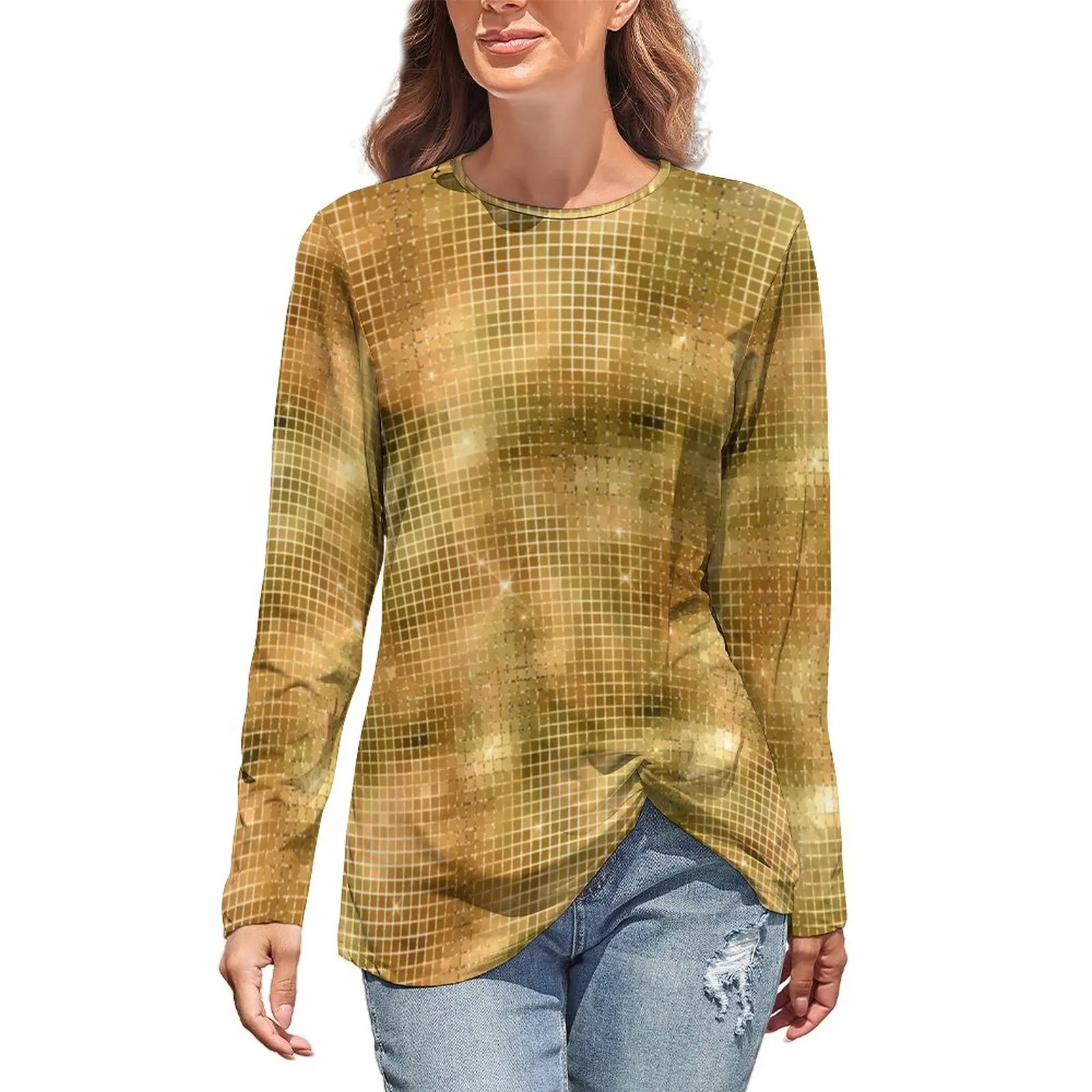 

Faux Disco Ball T-Shirt Golden Squares Print Aesthetic Long Sleeve T Shirts Street Fashion Oversized Tees Clothes Birthday Gift