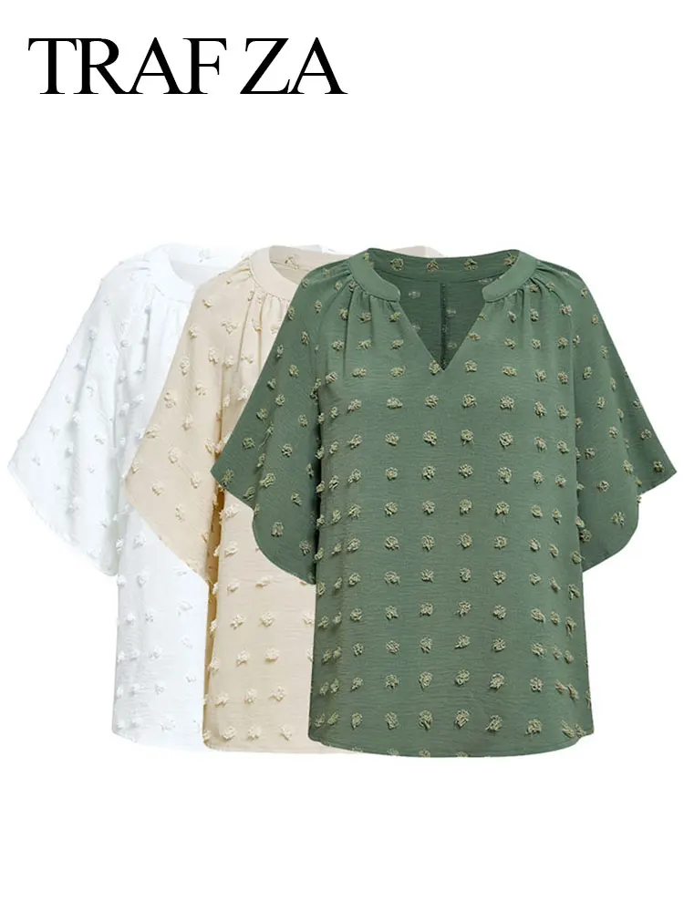 

TRAFZA Women's Fashion Casual Loose V Neck Blouse Vintage Solid Color Hairball Half Sleeve T-Shirts Spring Female Chic Tops