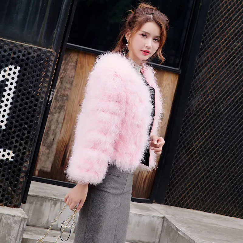 New Winter Long Sleeve True Ostrich Feathers Coat Solid Color Women Fashion Warm Fur Coats Outerwear Fur Shawl Women Clothing