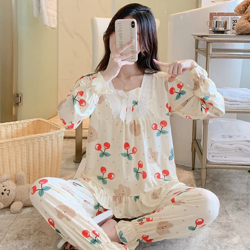 Spring Autumn Pajamas for Women Fashion Geometric Sleepwear Sets Faux Silk Home Clothes