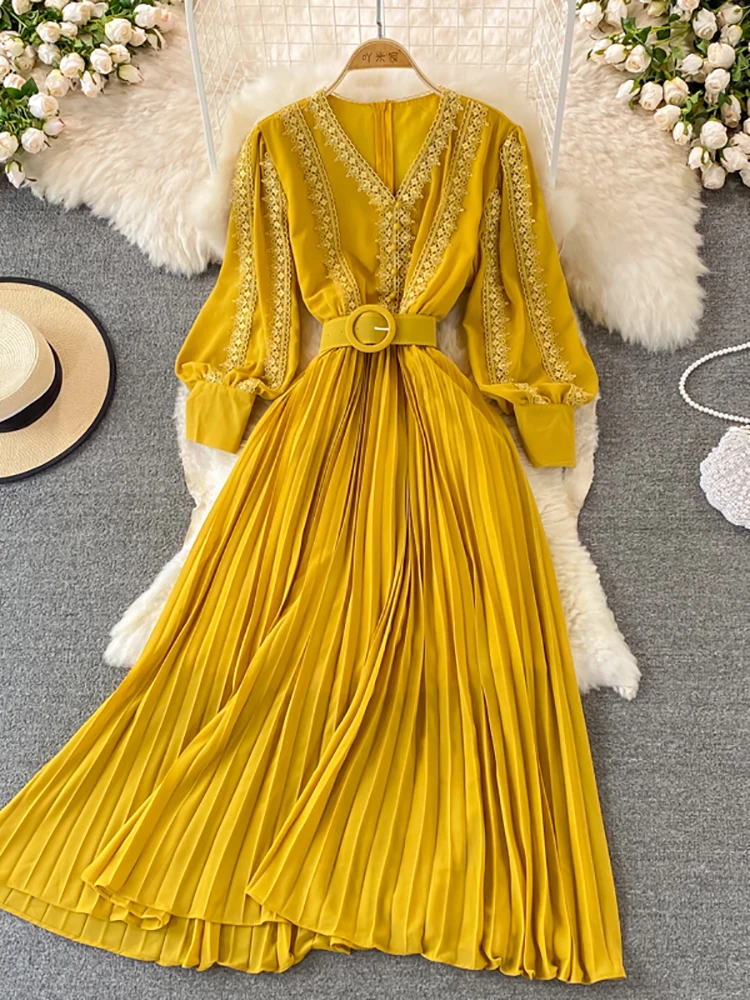 

Autumn Women Embroidered Patchwork Pleated Dress Female Elegant V-Neck High Waist Lantern Sleeve Draped Vestidos Beach New Robe