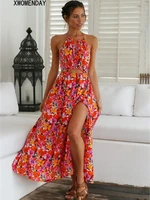 summer sexy long dress women casual backless bandage slit red holiday beach sundress fashion hollow floral print dresses 2022