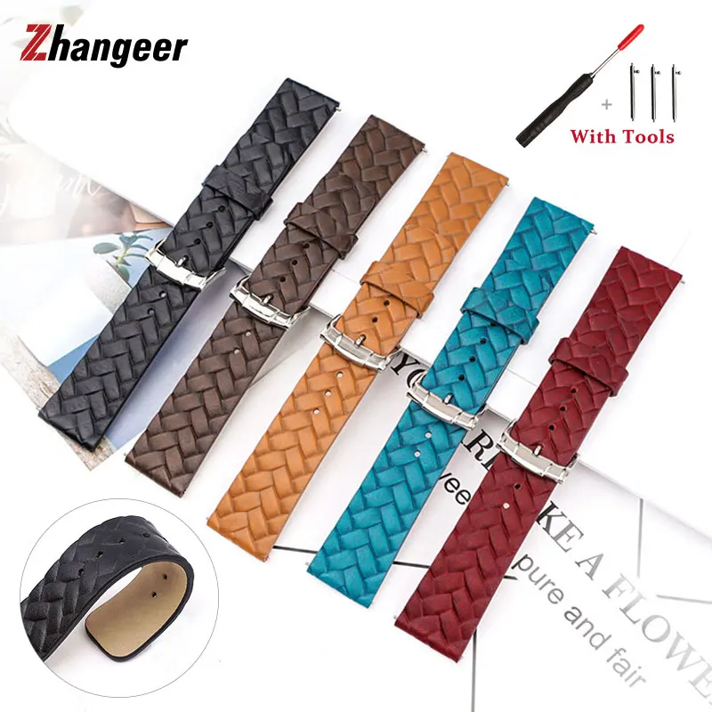 

22mm Top Layer Cow Woven Genuine Leather Strap Softness Men Women Universal Watch Band Quick Release Smart Straps Belt Wristband