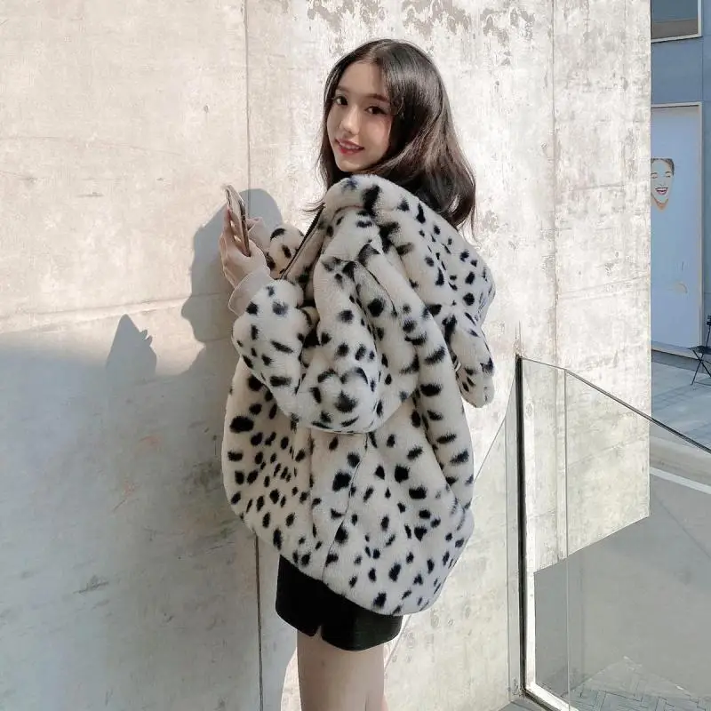 Kawaii Winter Women Faux Fur Coat Leopard Print Plush Hooded Jacket Fashion Cute Sweet Soft Thick Warm Outwear Streetwear 2023