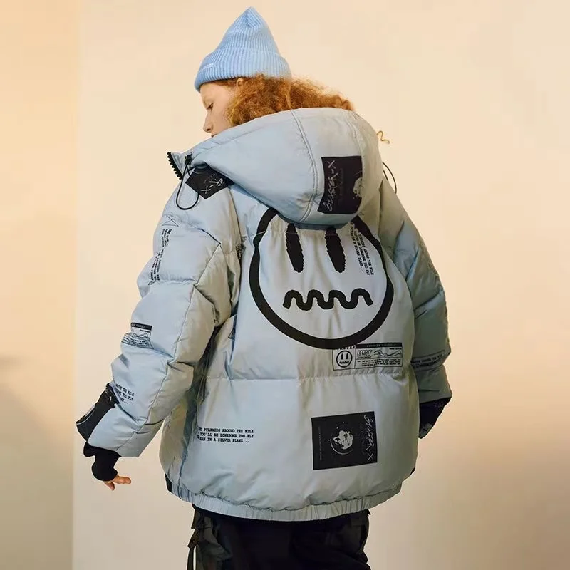 Winter Couples White Duck Down Jacket Little Devil Smile Print Letter Hip Hop Men's and Women's Thick Loose Down Jacket Clothes