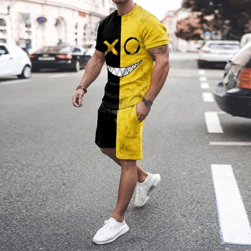 

Kimi Summer Men's 3D Smiley Printing Casual Men Sets Short Outfits T Shirt+Shorts Male Tracksuit Set Man Clothing 2 Pieces Set