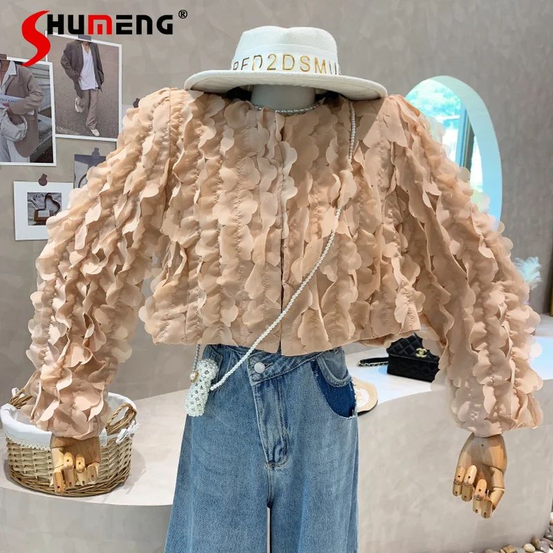 

Solid Color Short Tops Mujer 2022 Spring New Korean Style Ruffled Long Sleeve Shirt Women's Temperament Slimming Blouse