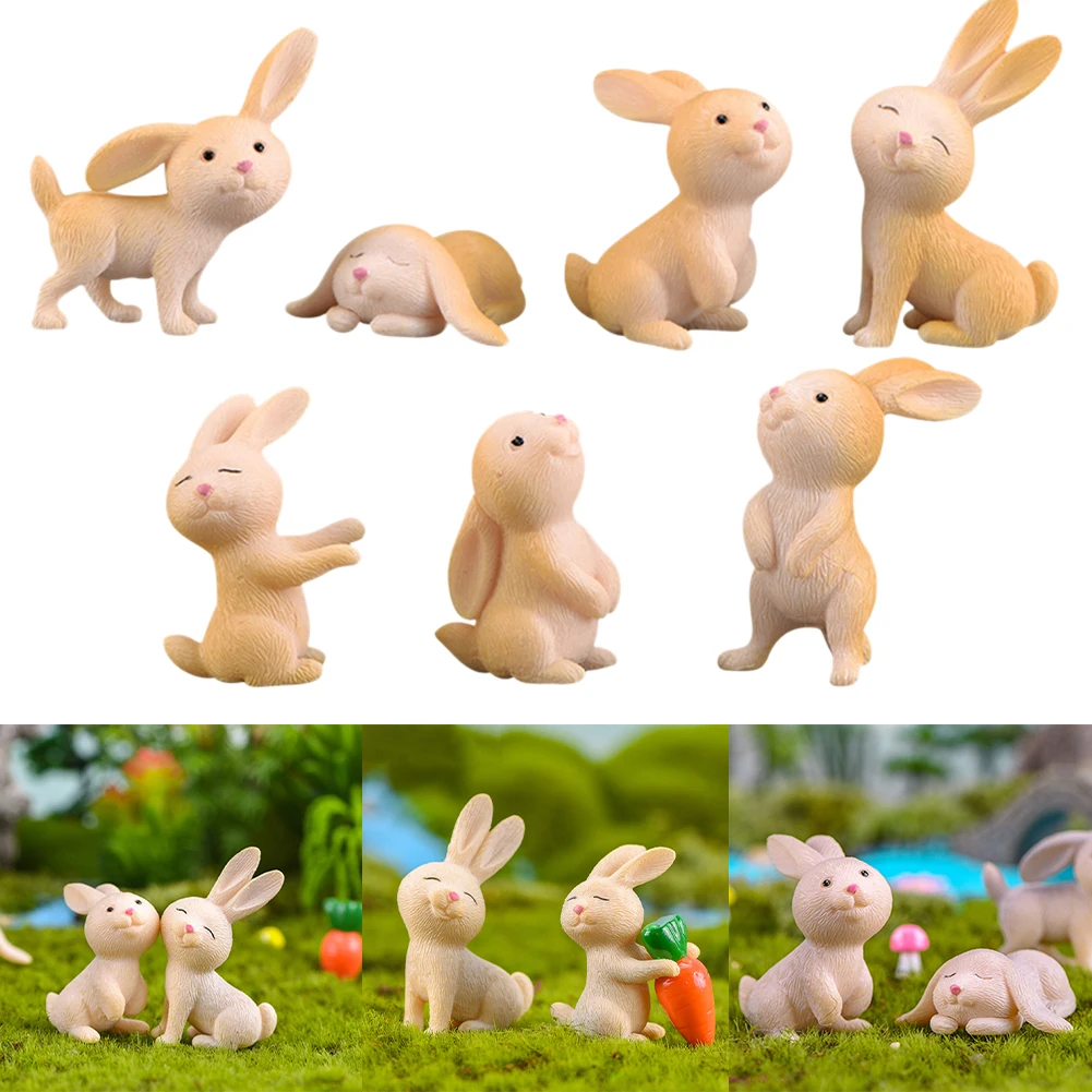 

7Pcs Easter Rabbit figurine cartoon Animal Model Moss landscape Resin Craft home miniature fairy garden decoration accessories