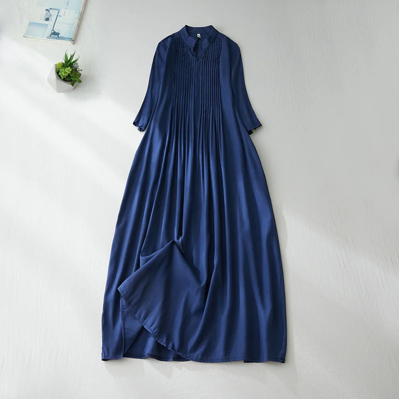 

Женское элегантное Плиссированное однотонное длинное платье с воротником-стойкой и рукавом три четверти