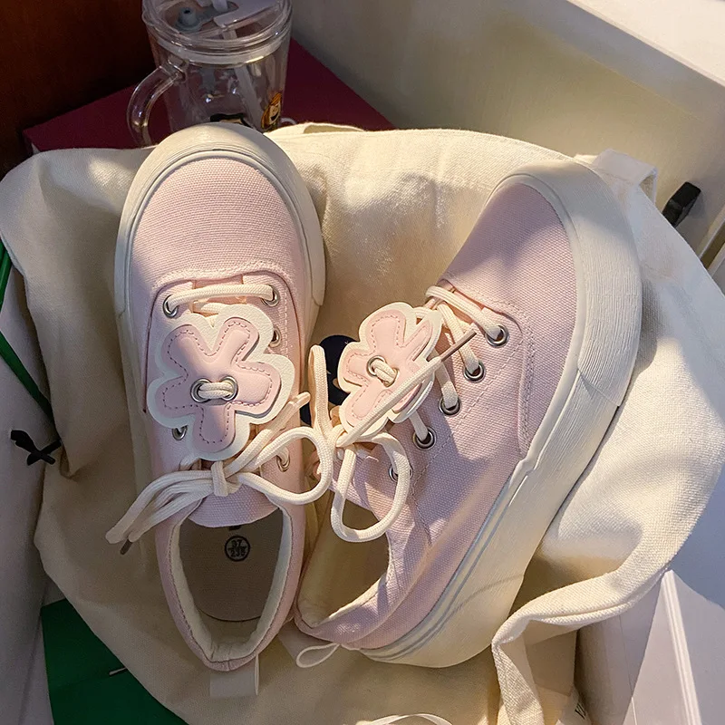

Flowers Canvas Sneakers Women 2022 New Fashion Platform Sports Shoes Pink Kawaii Harajuku Sneakers Casual Flats Zapatillas Mujer