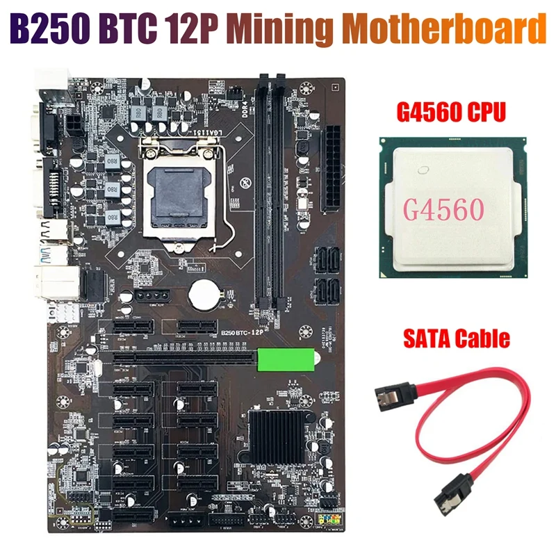 Материнская плата для майнинга B250 BTC с процессором G4560 + кабелем SATA LGA 1151 DDR4 12x слот