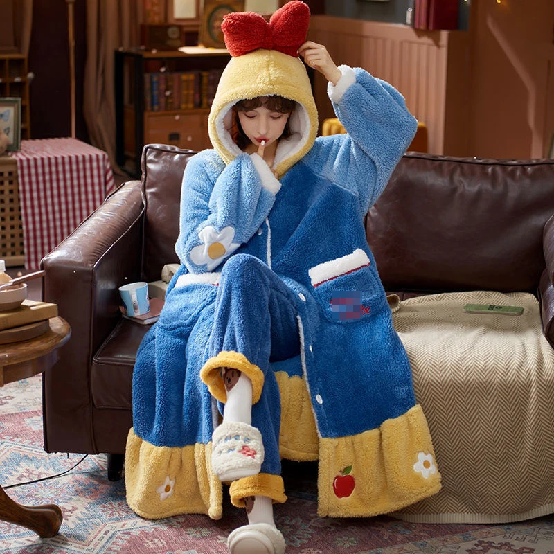 Winter Thick Warm Velvet Pajamas Set Soft Plush Nightgown Women Cartoon Hooded Flannel Robe Set Long Homewear Loose Home Clothes