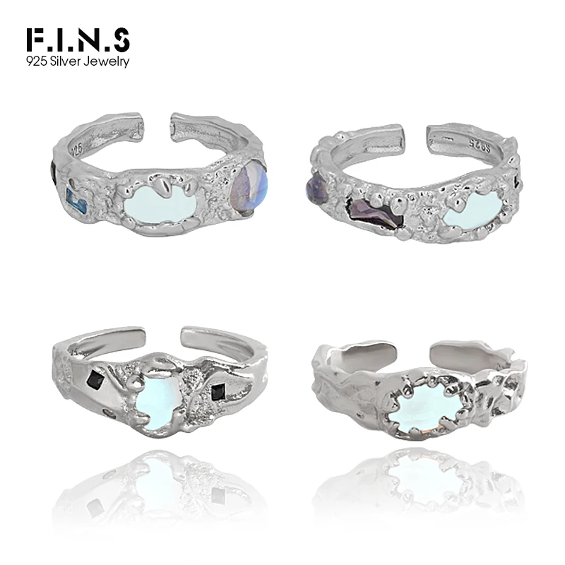 

F.I.N.S Irregular Authentic 925 Sterling Silver Open Resizable Rings for Women Luxury Synthetic Moonstone Silver 925 Finger Ring
