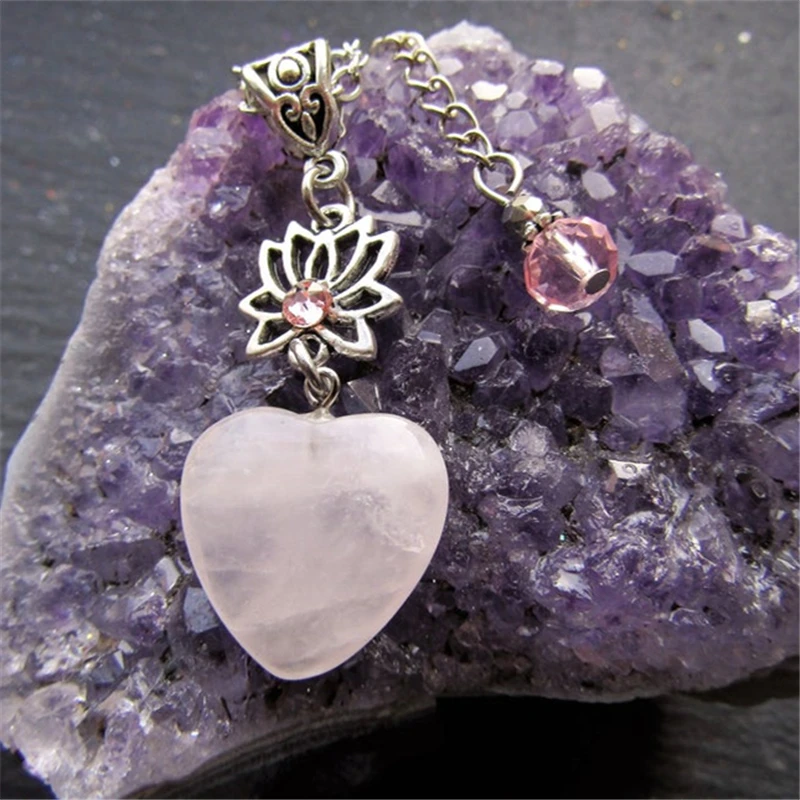 

Tranquil Pink Quartz Heart Necklace, Lotus, Heart, Pink Crystal, Birthday Gift, Valentine's Day Jewelry, Heart Pendant Necklace