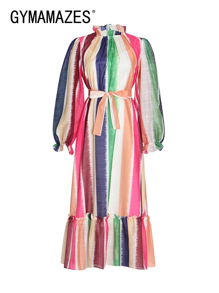 

GYMAMAZES Vintage Striped Colorblock Midi Dress For Women Stand Collar Lantern Sleeve High Waist Long Dresses Female Clothes New