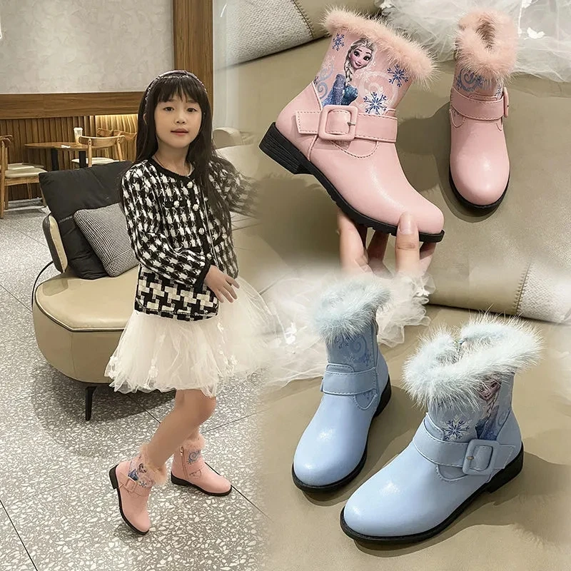 

Disney children frozen ELSA princess girl thick warm leather boots Martin boots cotton shoes boots