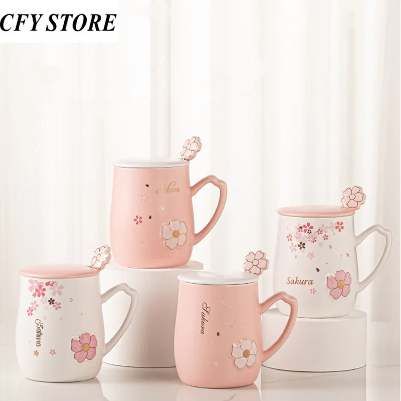 

400ml Ceramic Coffee Cups with Lid and Spoon Office Mug Creative Flower Coffee Mugs Breakfast Milk Juice Tea Cup Drinkware