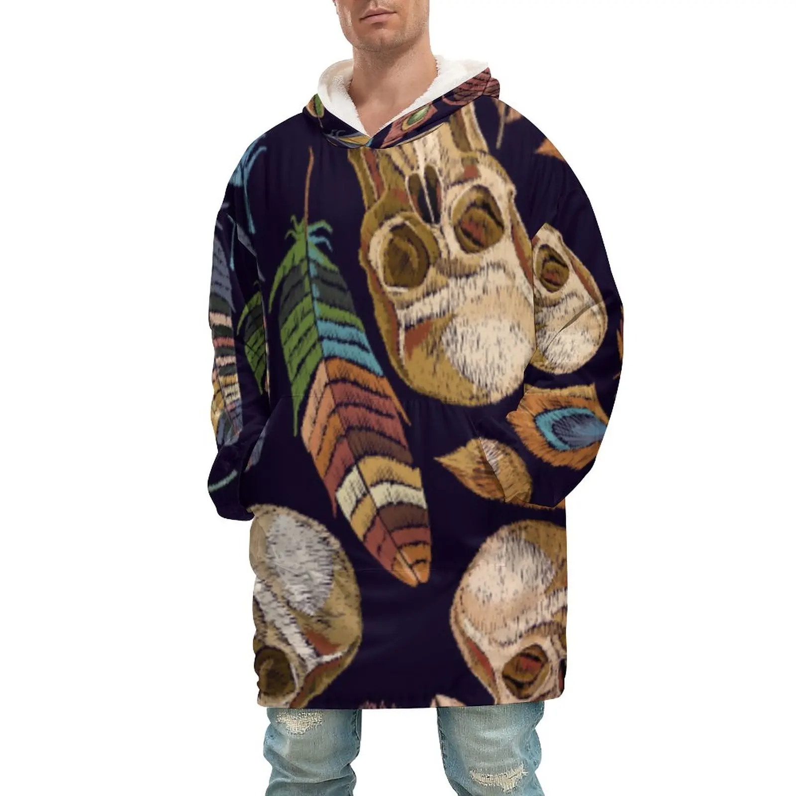 

Oversized Hoodie Blanket for Adult Wearable Blankets for Winter Warm Outdoor Hoody Sweatshirt Color Feathers Skull Embroidery