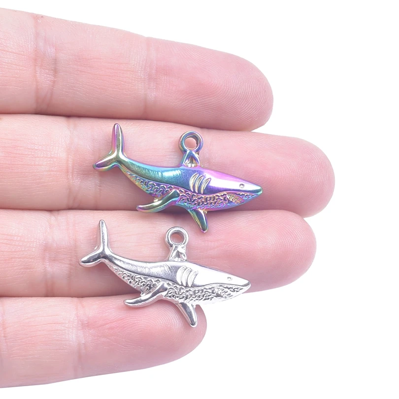 

5pcs/Lot Stainless Steel Shark Marine Creature Overlord Sea Fish Charms Rainbow Color Pendant For Making Jewelry Accessories