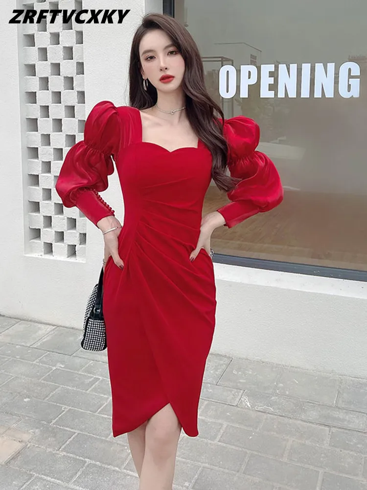 

ZRFTVCXKY женское высококачественное красное вечернее платье, дизайнерское модное платье-футляр с пышными длинными рукавами, Женские винтажны...