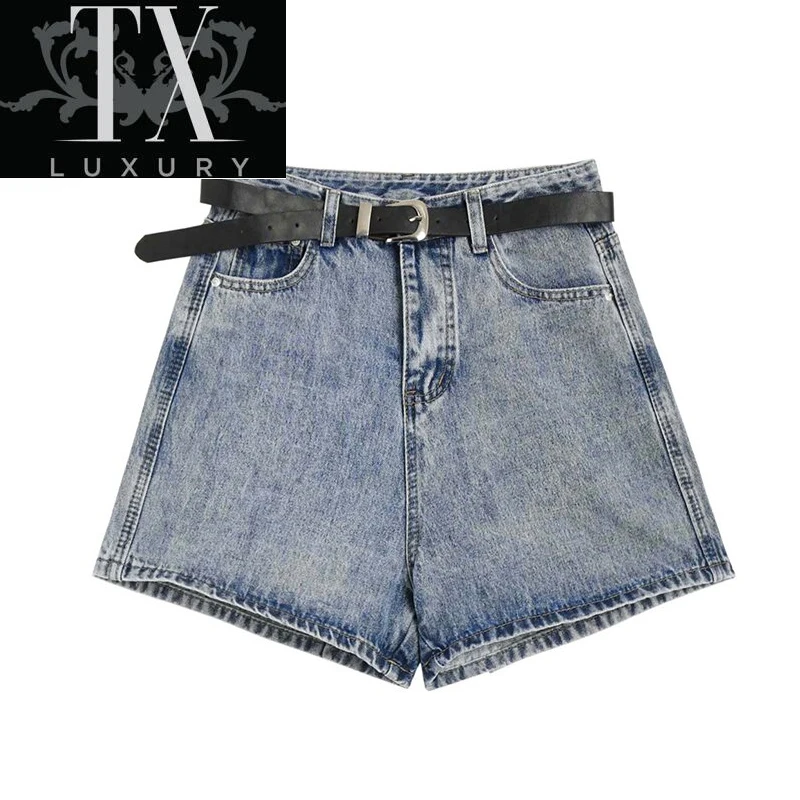 

High Waist Denim Shorts With Belt Women Punk Summer New Loose Casual Straighting Pants Fashion Trendy Streetwear Short Jean