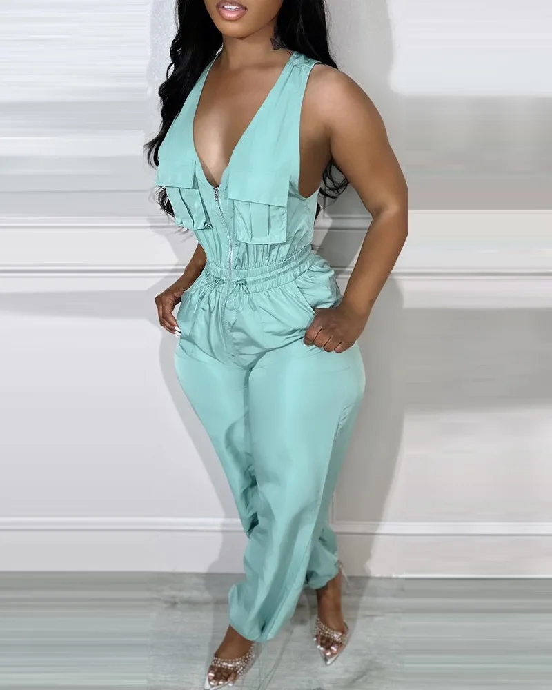 

Casual Cargo Playsuit One Piece Suit Romper Club Outfits for Women Sexy Sleeveless Deep V-neck Zipper Fly Drawstring Jumpsuit