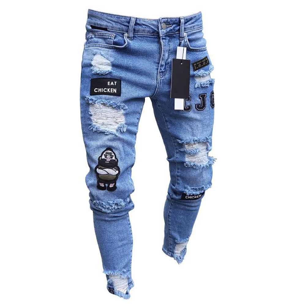 QXIUIXP Men's Skinny Jeans Ripped Pencil Pants Men Casual Holes Denim Trousers 2022 Teen's Hip Hop Print Bodycon Denim Pants 3XL