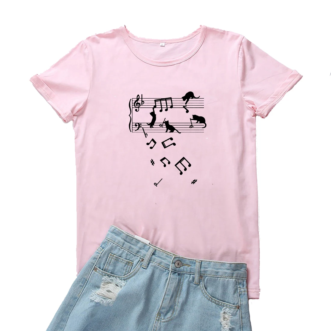 

Cats Playing Musical Notes Graphic Tees Women Cute Funny Harajuku Print Women Tshirt Fashion Casual O-neck T-shirt Women Clothes