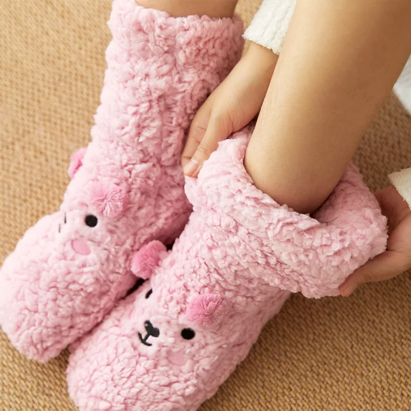 Cute Floor Women Socks Autumn Winter Velvet Coral Fleece Sock Sleep Home Slippers Snow Happy Funny Confinement Bear Carpet Socks
