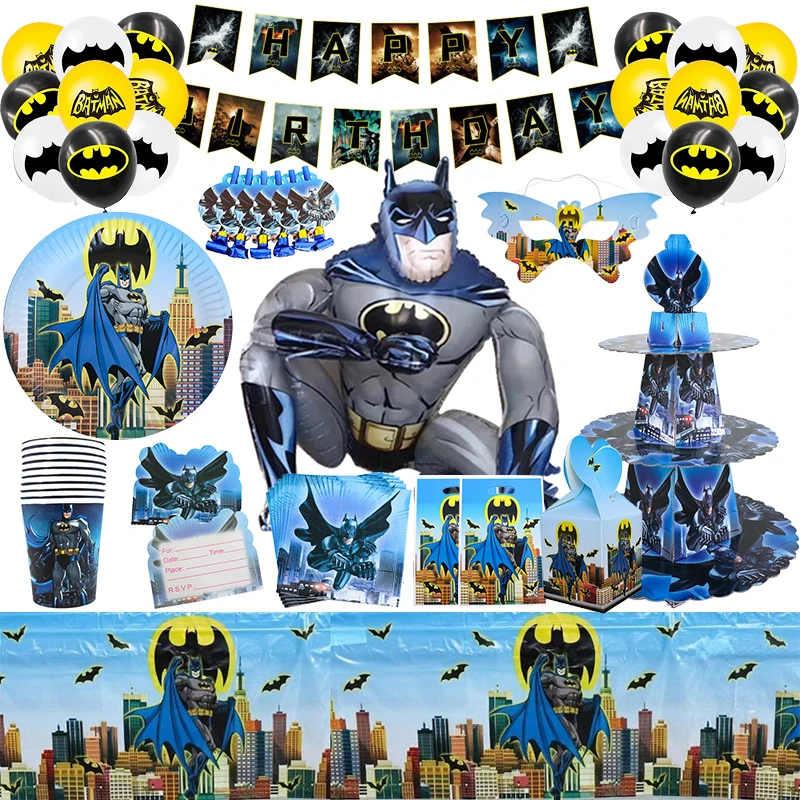 

Superhero Bat Man Birthday Party Decor Include Balloon Tablecloth Paper Cup Plate Napkin Banner for Kid Boy Baby Shower Supplie