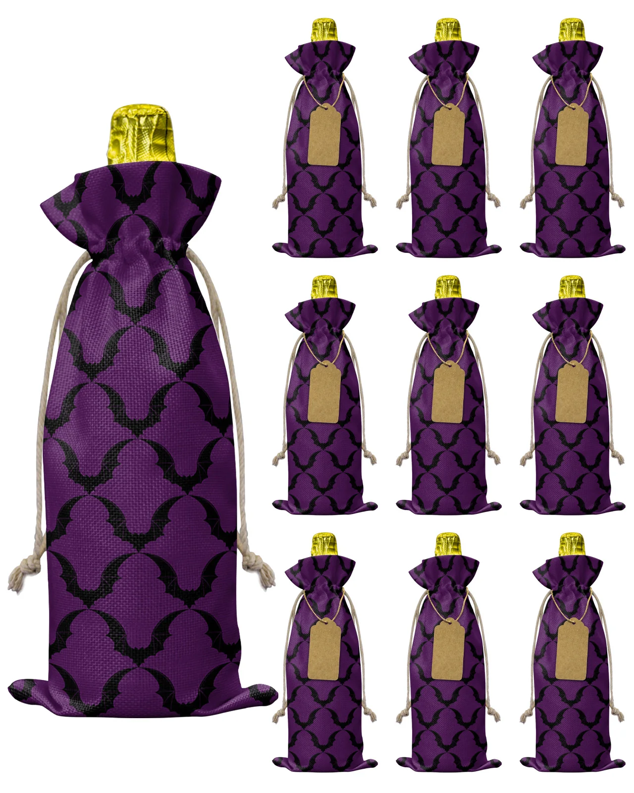 

10pcs Halloween Bat Texture Purple Wine Bottle Bag with Drawstring Wedding Festive Party Decor Wine Bottle Covers Gift