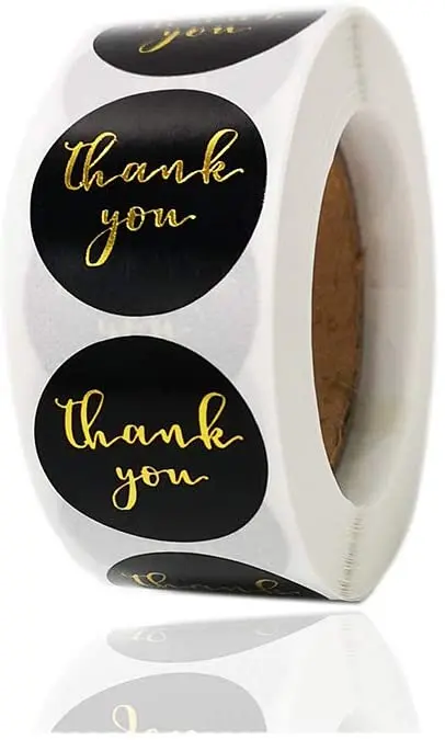 

Gold Foil Fonts Black Thank You Stickers Roll for Business Boxes, Envelopes, Gifts for Sealing and Decoration