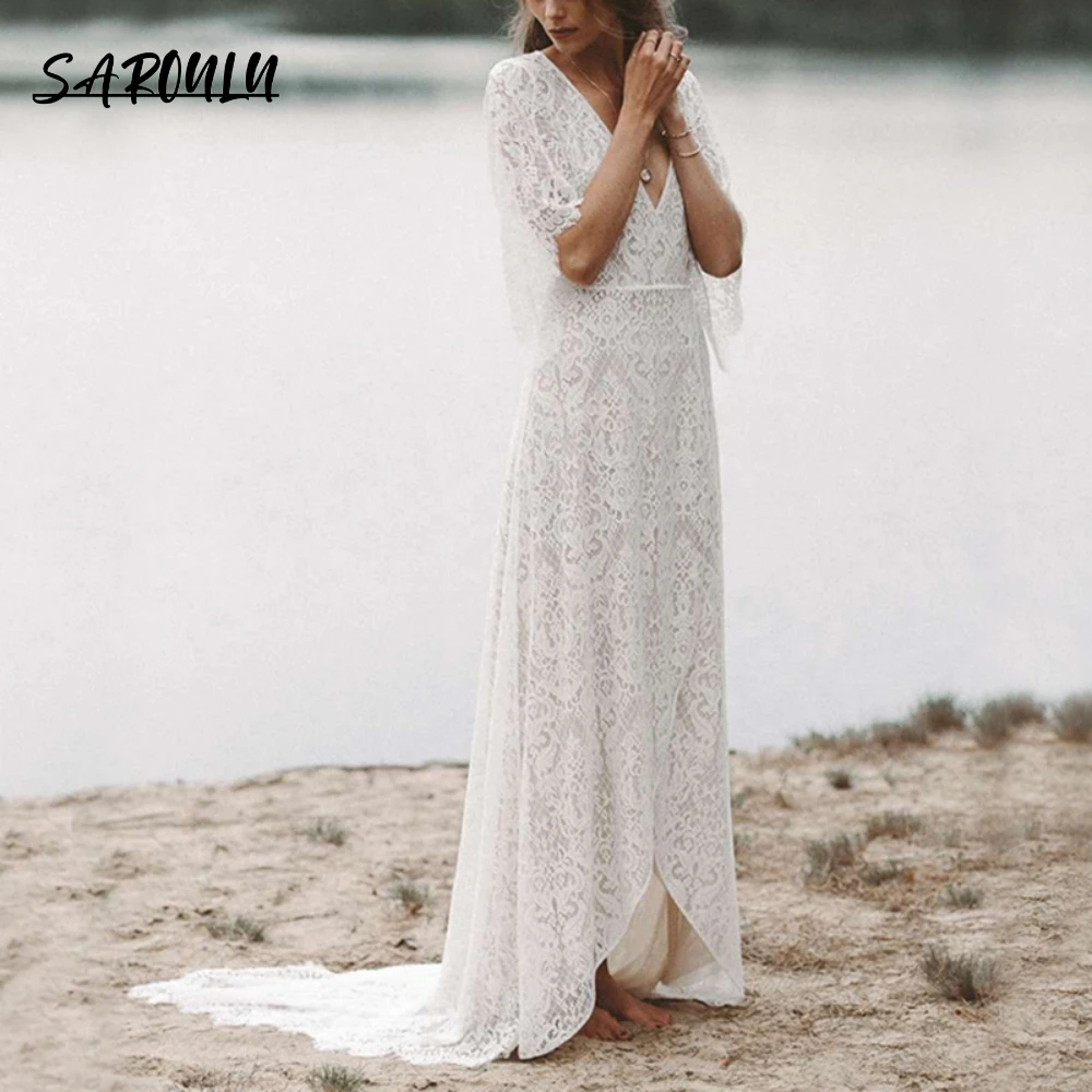 

Beach Batwing Sleeves Lace Wedding Dress V Neck Sheer Back A Line Asymmetrical Drop Ship Custom Made High Slit Boho Bridal Gown