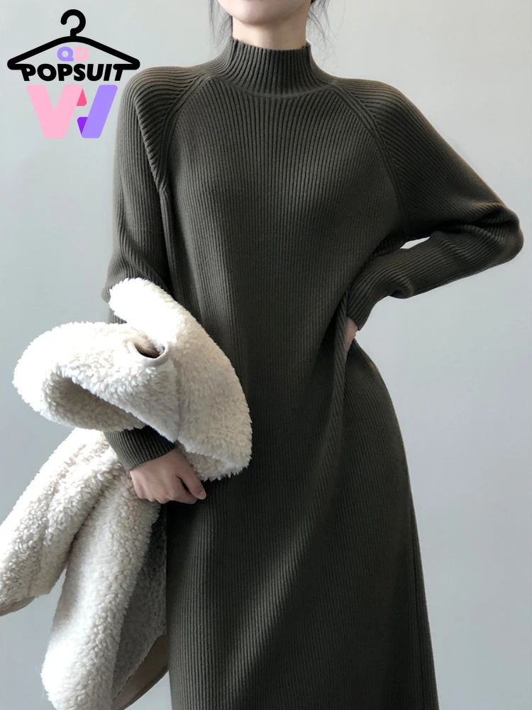 

Autumn Winter Women Knit Pullover Dress Half High Neck Sweater Medium Length Over Knee Skirt Elegant Temperament Women Clothes