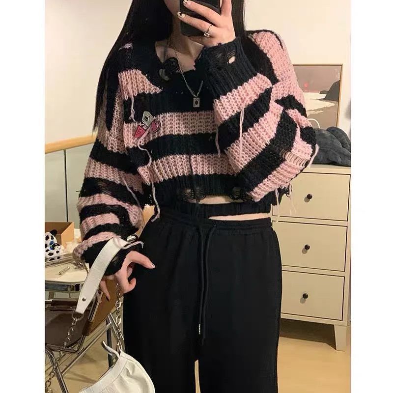 

Deeptown Y2k Harajuku Women's Pink Striped Sweater Vintage Cropped Jumper Designer Oversized Aesthetic Knitwear Korean Fashion