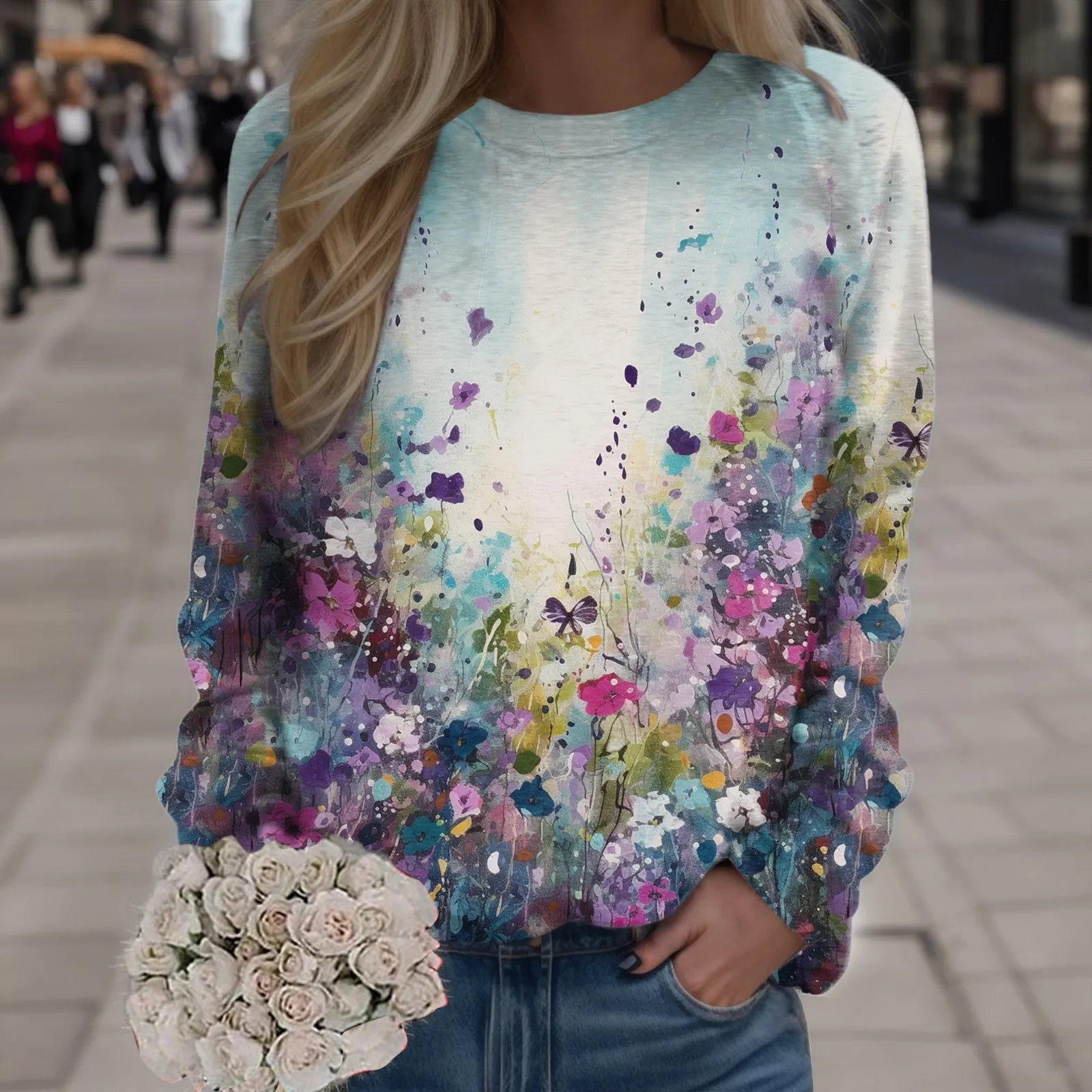 

Women's Sweatshirt Flower Plant Printing Casual Long Sleeve Pullovers Round Neck Basic Hoodies Streetwear