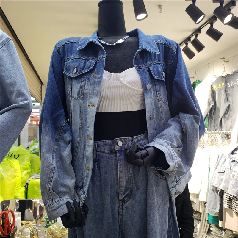 

Blue Gradient Color Denim Jackets Women Loose Casual Short Cowboy Outerwear Spring Korean Big Pocket Jeans Jacket Coat Female