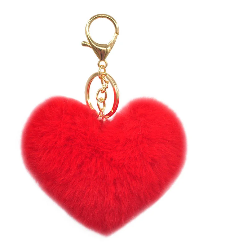 Cute Heart Keychain Fake Rabbit Fur Heart Pompom Key Chain Women Girl Bag Cars  Accessory Simple Fluffy Keyring Jewelry Gifts