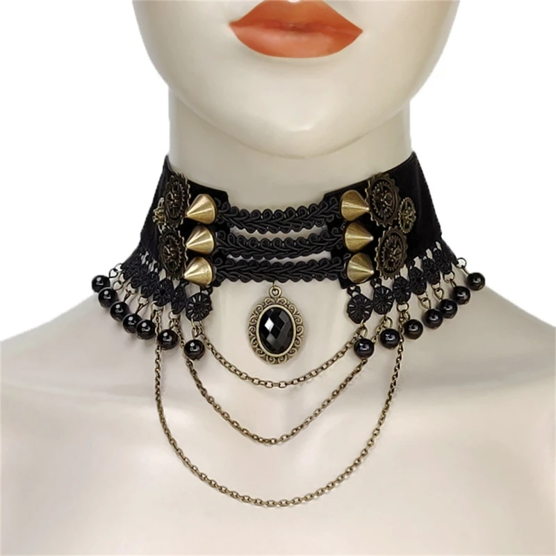 

Gothic Choker Collar Necklace Adjustable Punk Style Collarbone Necklace for Women Rhinestones Tassels Choker Necklace