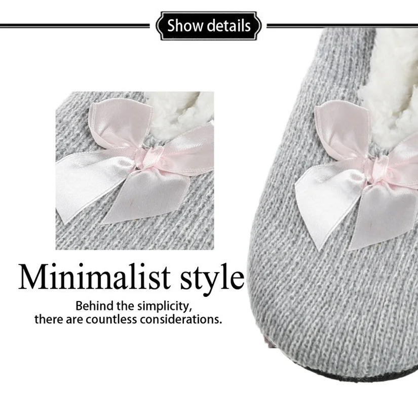 Womens Home Fluffy Slipper Sock Winter Warm Bow Furry Contton Plush Anti Skid Grip soft Sole Indoor Female Fuzzy Shoes Ladies images - 6