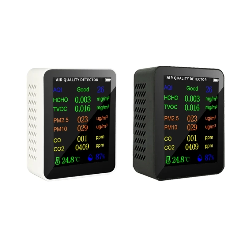 

Pollution Meter Air Quality Monitor-Detect HCHO TVOC PM2.5 PM10-CO-CO2-AQI Temperature Humidity with Alarm Multifunction