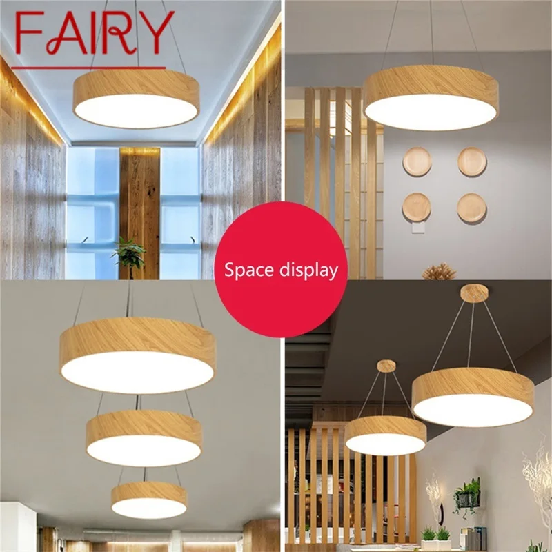 

FAIRY Nordic Pendant Light Wood Grain Round Chandelier Hanging Lamp Modern LED Fixtures for Home