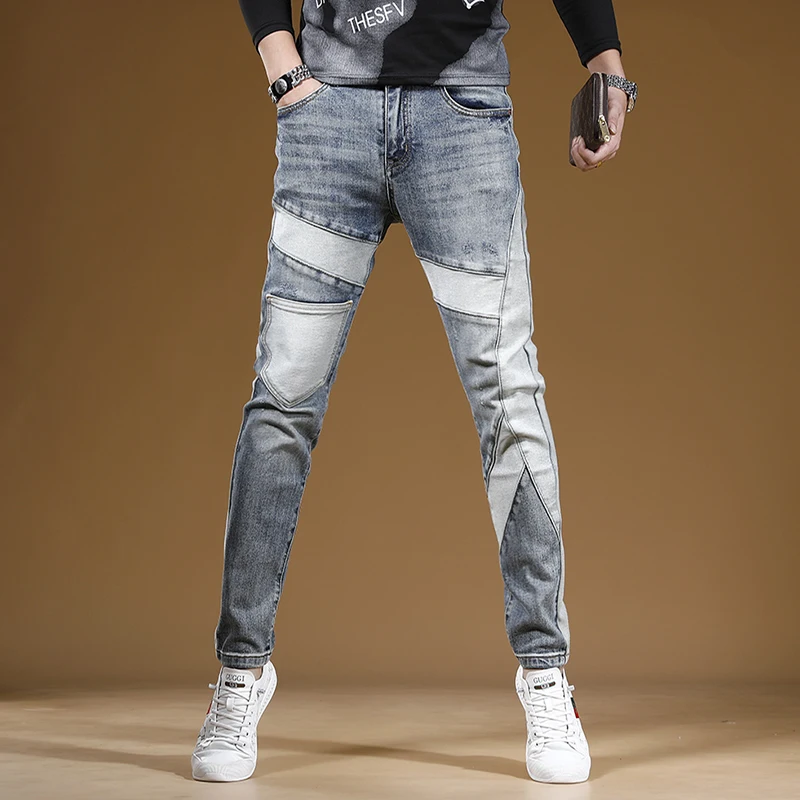 Autumn Men Light Blue Ripped Patchwork Jeans Streetwear Slim Fit Pencil Pants Korean Style Casual Denim Trousers